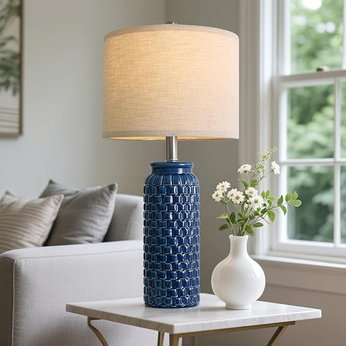 24 inches Modern Ceramic Dark Blue Bedside Lamp Set of 2 for Bedroom Decor Farmhouse Table Lamp for Living Room Office Dorm
