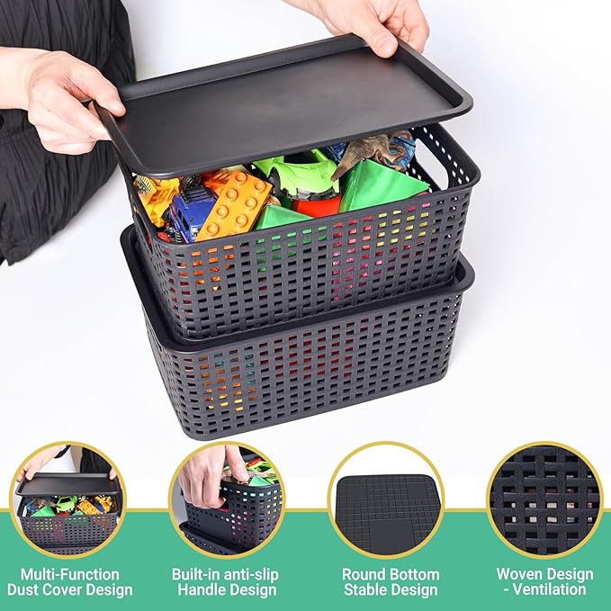 Plastic Storage Baskets with Lid-Plastic Storage Containers Stackable Storage bins: Storage Baskets for Organizing Shelves Drawers Desktop Closet Playroom Classroom Office, 8Pack-Black10.2x7.2x4.1Inch