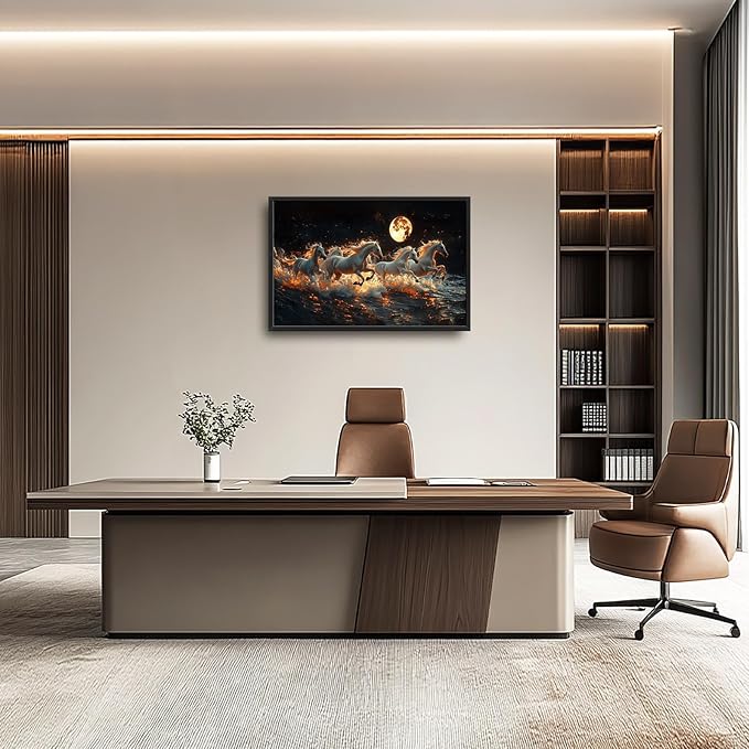 Horse Wall Art, White Horses Pictures Wall Decor, Running Animal in Moonlight Canvas Prints Painting, Large Framed Artwork for Living Room Office Bedroom Bathroom Corridor 36"x 24"