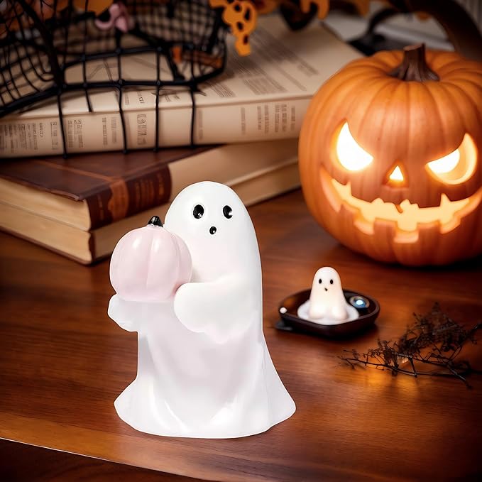 Halloween Cute Ghost Figurine with Pink Pumpkin– Resin Mini Statue, Romantic Shelf & Desk Decor, Halloween or Valentine’s Day Gift for Home, Office, and Friends