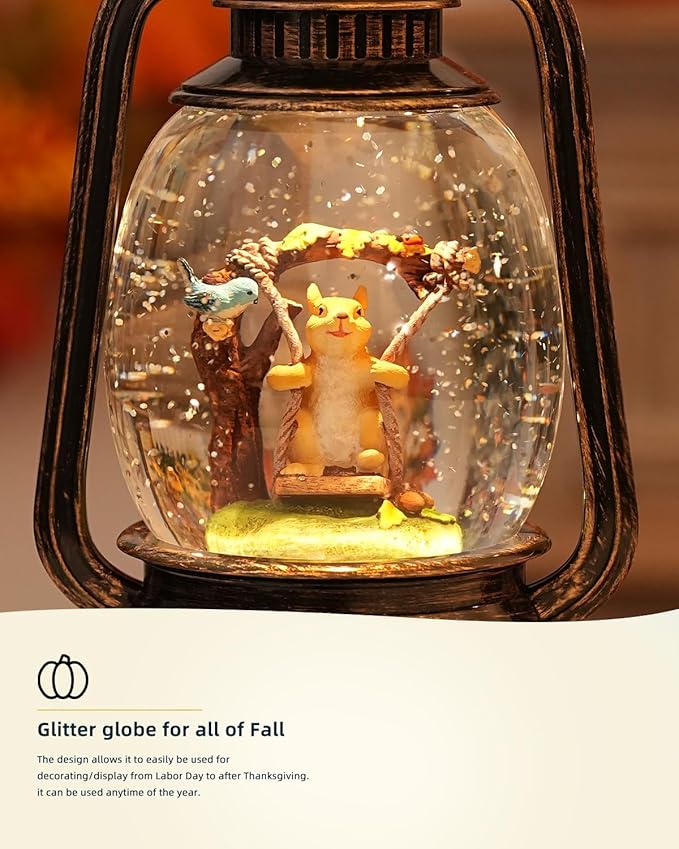 Fall Decor Squirrel Snow Globe, Thanksgiving Decoration Light Up with 6H Timer Glittering Blue Robin Squirrel Snow Globe Fall Gifts for Christmas Decorations