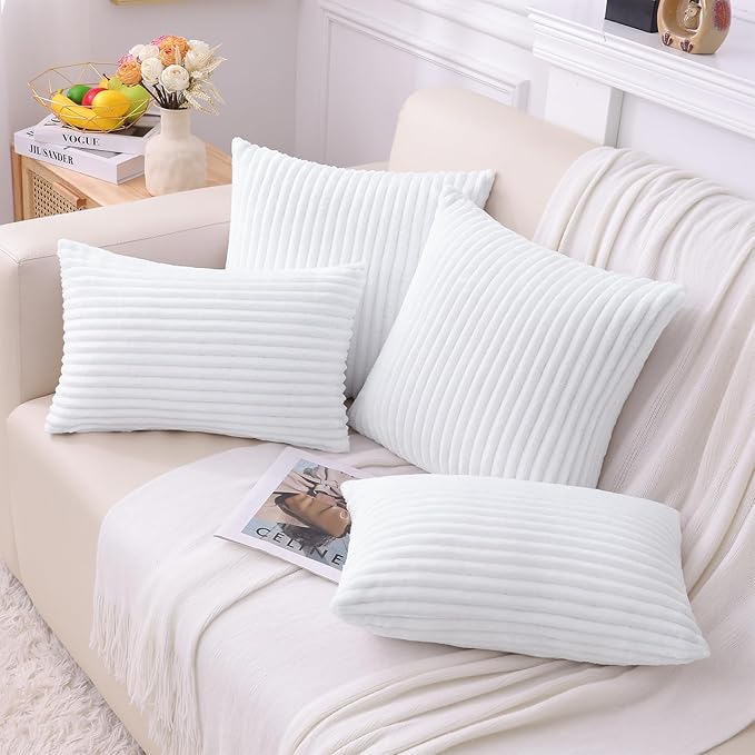 Simmore Decorative Fall Throw Pillow Covers 22x22 Set of 2, Soft Natural Plush Flannel Double-Sided Fluffy Couch Pillow Covers for Sofa Living Room, White