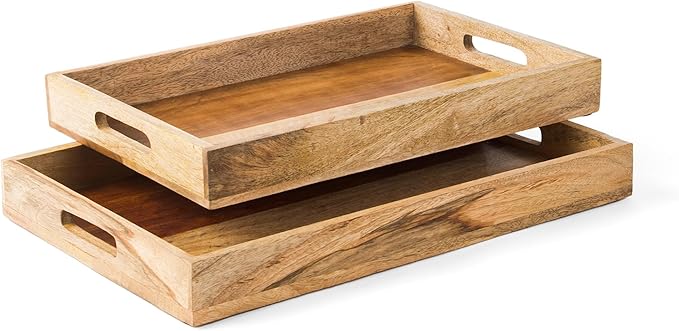 Mela Artisans Wooden Serving Tray Set of 2 with Handles | Mango Wood Ottoman Trays 15x10x1.75 & 13x9x1.75 | Decorative | Snack | Dessert | Bread | Coffee Table | Bedroom | Rectangular Edge Design