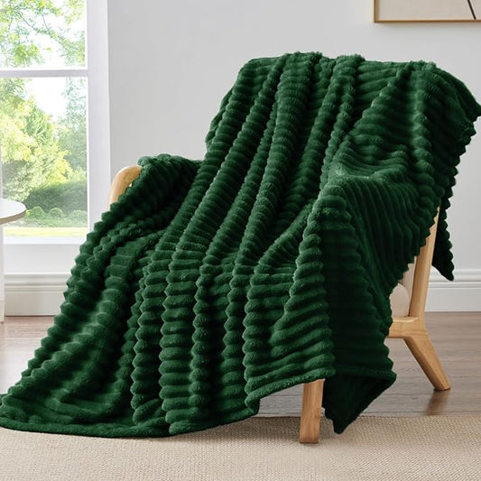 BEDELITE Fleece Throw Blanket for Couch - 300GSM Soft & Warm Fluffy Forest Green Blanket, Decorative and Giftable Striped Blankets for Women, Men, 50"x60"
