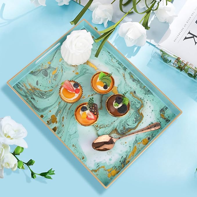 Sturdy Acrylic Serving Tray with Handles-15.7x11.8Inch, Morden Plastic Rectangular Serving Tray for Coffee Table Bathroom, Ottoman, Home Decor (Rectangular - Turquoise)