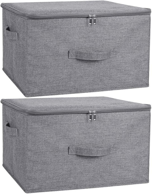 ANMINY 2PCS Storage Bins with Zipper Lids 51.9 Qt Lidded Fabric Storage Boxes Baskets Cubes with Handles Collapsible Washable Cotton Linen Closet Shelf Clothes Organizer - Gray, Extra Large