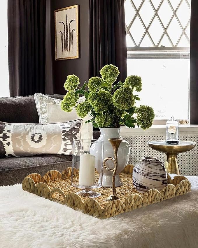 Extra Large Square Ottoman Table Tray 19.7" with Handles - Water Hyacinth Wicker Serving Wicker Tray for Farmhouse Decorative Oversized Coffee Table Living Room Kitchen Counter Breakfast Scalloped