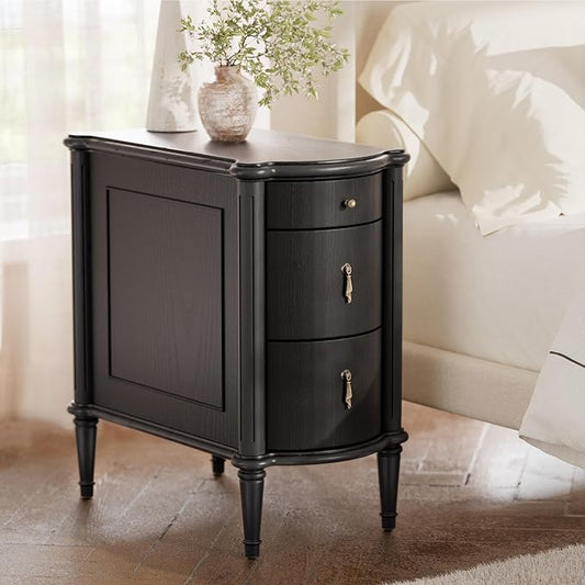STO'SENSE Nightstand w/Charging Station & 3 Drawers, Pre-Assembled, Vintage Side Table w/Antique-Finished Pulls, Rustic Wood Finish, Narrow End Table w/Turned Legs for Bedroom (1, Black)