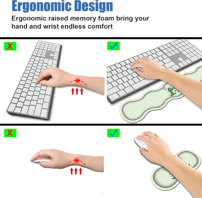4 in 1 Ergonomic Memory Foam Mouse Pad Wrist Rest Set, Large XXL Gaming Desk Pad + Keyboard Wrist Rest + Mouse Wrist Cushion + Coaster for Home Office Study Gaming, Cute Little Dinosaur
