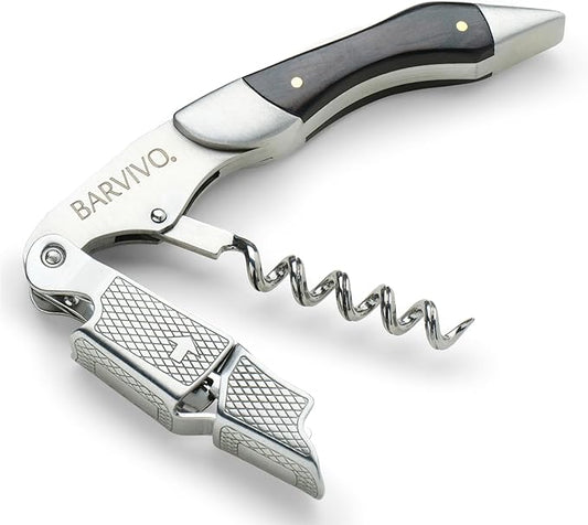 Barvivo Wine Opener with Foil Cutter and Cap Remover - Double Hinged Corkscrew for Bartenders - Stainless Steel Wine Key for Easy Bottle Opening - Manual Wine Bottle Opener - Ebony Wood, 4.7x1.2-Inch