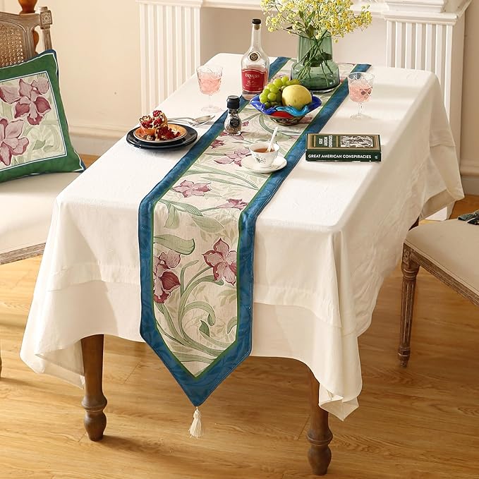 patdrea Designer Elegant Bright Linen Table Runner 102 Inch Long, Mauve Iris Floral Pattern Table Mat, Decoration for Kitchen Dining Table Coffee Table Shelf Cabinet Banquet Christmas ,12"*102"