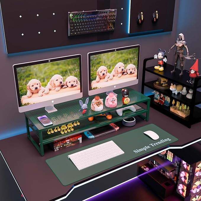 Simple Trending 2 Tier Metal Dual Monitor Stand Riser, Computer Office Desktop Organizer for 2 Monitors with 32"x10" Mouse Pad for Laptop, Printer, TV, Green