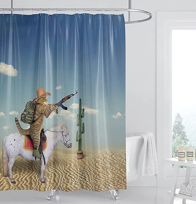 Domoku Cat Shower Curtain Cute Funny Cowboy Cat Riding Horse in The Desert Bathroom Shower Curtains Polyester Fabric Waterproof with 12Hooks 72 * 84inch/180cm*210cm