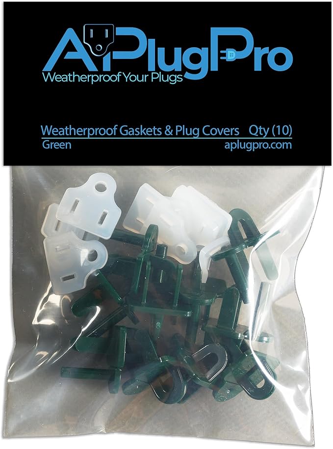 The Original Weatherproof Gaskets & Plug Covers - Made in USA, Outdoor Waterproof GFCI Protectors, Christmas Light Installation, Extension Cords, Stop GFCIs from Tripping (Green, Qty 10) - by APlugPro
