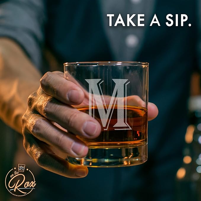 (M-Monogram)- 4 Piece Set of 11 Ounce Engraved Heavy Base Rocks Glasses Elegant Glass-Multi-Purpose Beverage-Rocks Glass- Gift for any Occasion- By: On The Rox