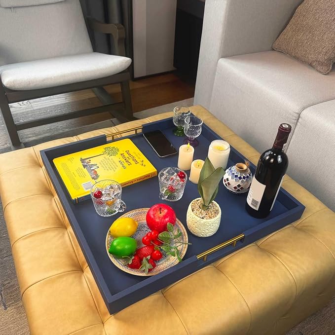 24x24 Inches Extra Large Blue Faux Leather Wrapped Wood Ottoman Tray with Golden Handles for Serving Food and Breakfast On Bed, Square Coffee Table Organizer, Home Decor and Decorative