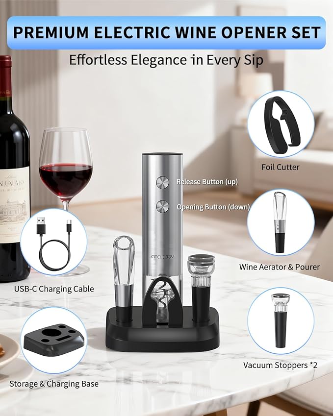 CIRCLE JOY Electric Wine Opener Stainless Steel Rechargeable Automatic Wine Bottle Opener Set 6-in-1 Top Gifts for Wine Lovers with Charging Base, Foil Cutter, Wine Aerator Pourer & 2 Vacuum Stoppers