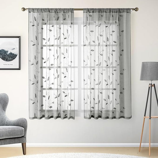 HOMEIDEAS Grey/Gray Sheer Kitchen Curtains 52 x 54 Inch Length 2 Panels Embroidered Leaf Pattern Short Curtains for Bedroom Half Small Window Rod Pocket Tiers