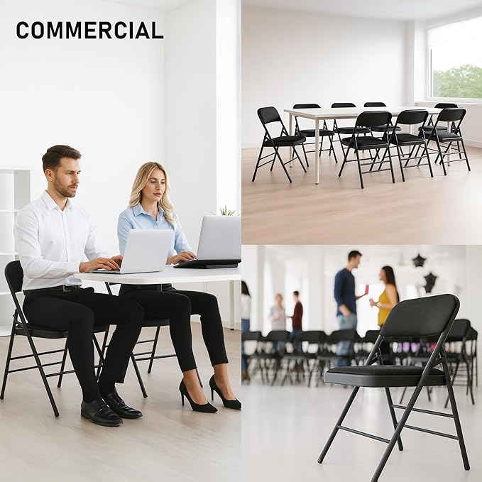 SEALAMB 4 Pack Fabric Folding Chairs with Padded Seats & Cushion, Metal Foldable Chairs for Wedding Party, Commercial Chairs for Office School Church Events, 350lb Capacity (Black-Fabric, 4 Pack)