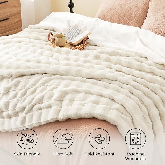 Cozy Bliss Fluffy Faux Fur Throw Blanket for Couch,Warm Cozy Soft Cream White Throw Blankets for Sofa Bed Living Room,50x60 Inches