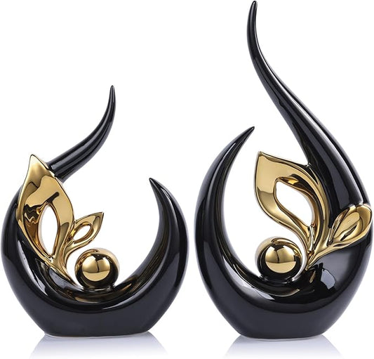 13" H Black Gold Abstract Sculptures Home Decor, Ceramic Art Statue Cool Stuff to Put on Shelves&tv Stand Decor, Gold Accent Entertainment Center, for Fireplace Coffee Table Dining Table Decorate