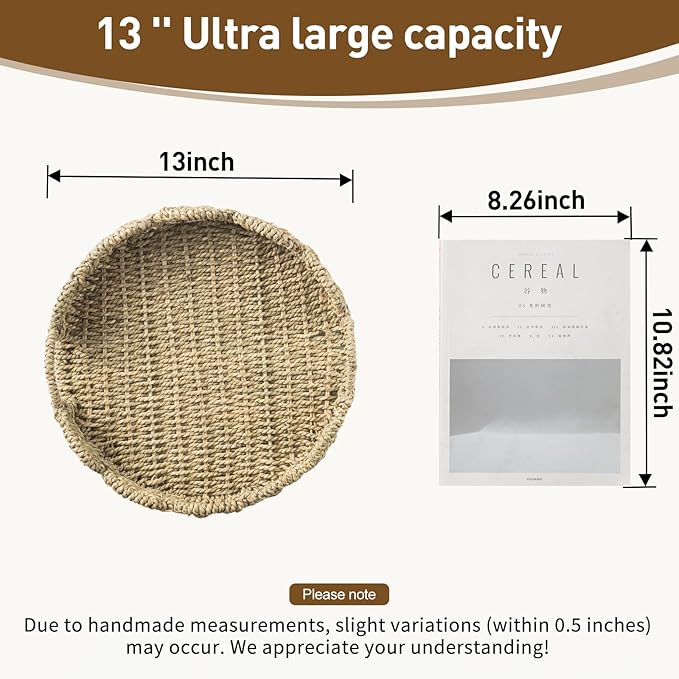 Wicker Tray, Handwoven Woven Tray with Handles and Scalloped Edge, Round Wicker Basket for Home Decor and Organizing, 13" L x 13" W x 3.5" H