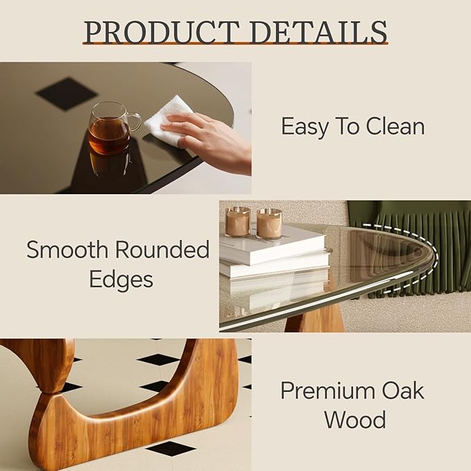 Coffee Table for Living Room Mid Century Modern Center Table with Glass Top and Oak Wood, Transparent/Walnut