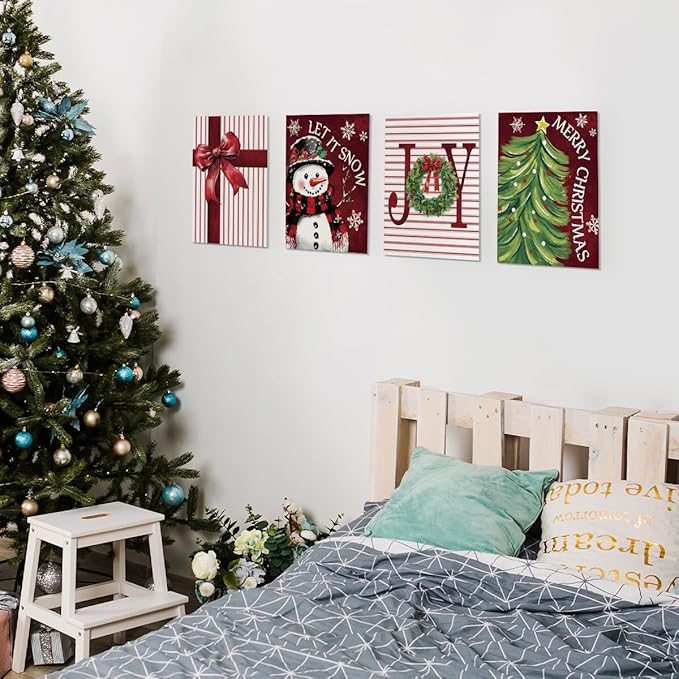 Wheatwin Christmas Wall Decor - Snowman Tree Art Prints Set of 4, Indoor Decorations for Bedroom, Red Bow, 8x10 (Unframed)