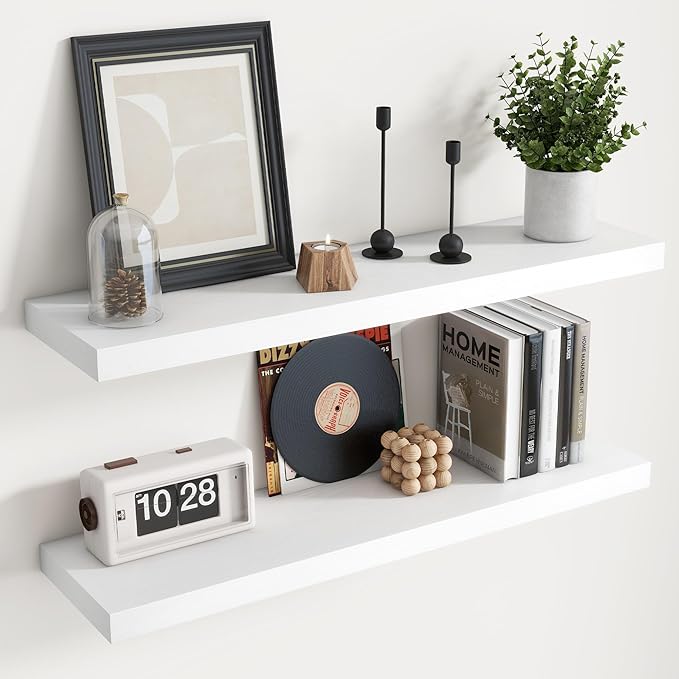 Floating Shelves for Wall with Invisible Brackets, Wall Mounted Engineered Wood Shelves with Wood Grain for Living Room, Bedroom, Bathroom, Kitchen Decor and Storage, Oak, 36"L Set of 2, White