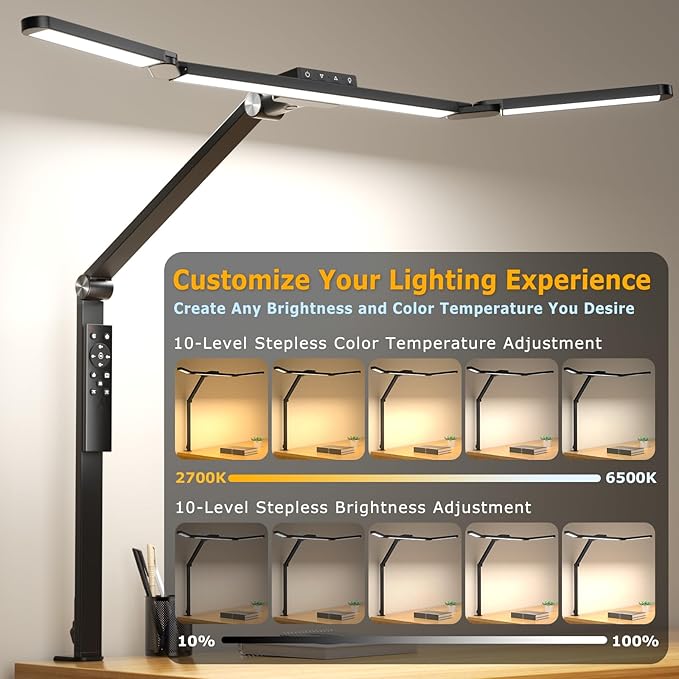 LED Desk Lamp with Clamp, Architect Desk Lamp for Home Office with Remote, 24W Ultra-Bright Desk Light with Stepless Dimming and Stepless Color Temp, Memory Function for Study and Workbench