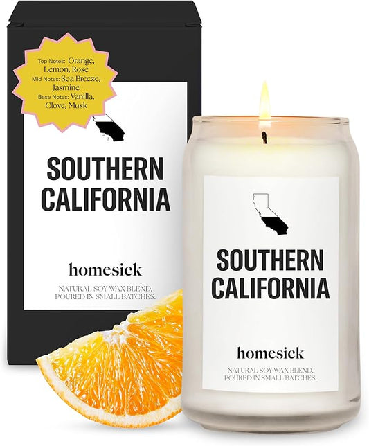 Homesick Scented Candles for Home (Southern California) - 13.75 oz Long-Lasting Soy Wax Jar Candle for Women & Men for All Occasions, 60-80 Hours Burn Time - Notes of Orange, Lemon & Rose