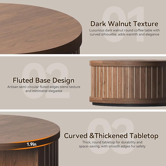 31-Inch Round Wood Coffee Tables for Living Room, with 2-Tier Shelf Fluted Center Tables, Modern Wooden Circle Unique Tea Tables with Open Shelves for Home Apartment Small Spaces, Walnut