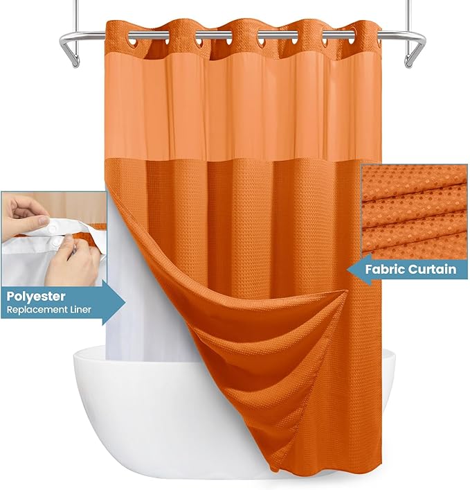 Burnt Orange Long No Hook Shower Curtain with Snap in Liner,230GSM Waffle Weave Shower Curtains for Bathroom,71W x 86H