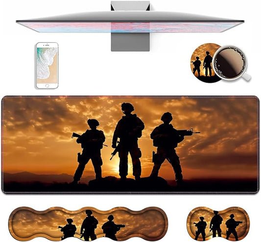 4 in 1 Ergonomic Keyboard Wrist Rest & Mouse Pad Wrist Rest Set, Large XXL Gaming Desk Mat 31.5"x 11.8" with Non-Slip Base, Memory Foam for Home Office Study Gaming, American Soldiers