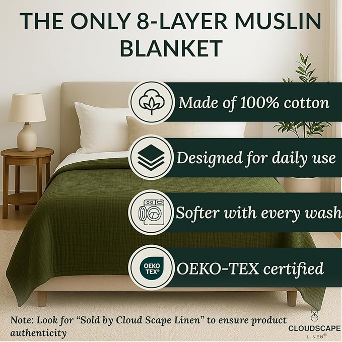 Cloud Scape Linen 100% 8 Layer Cotton Muslin Blanket King Size for Adult, Lightweight & Breathable, All Season Oversized Blanket for Bed, fits California King, 92x108, Olive Green