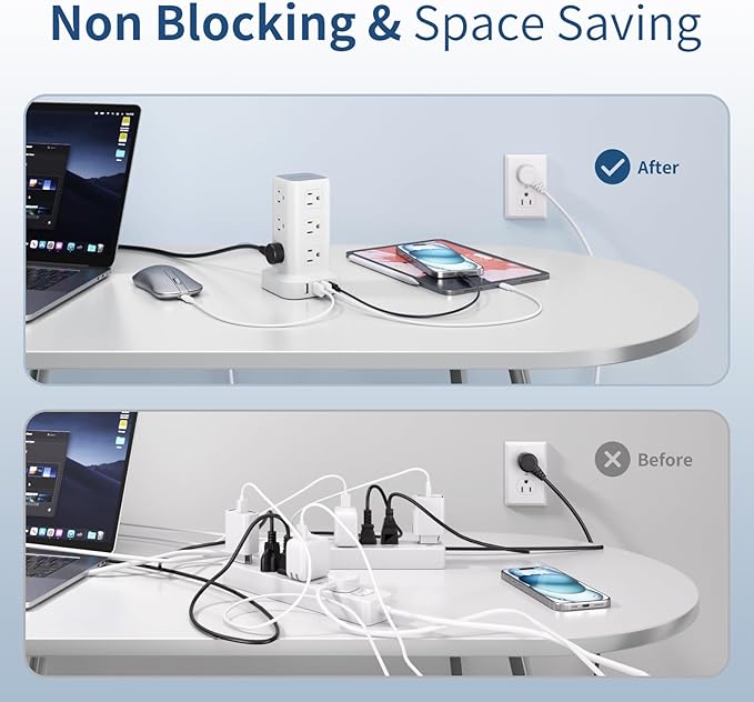 Surge Protector Power Strip 6.5 FT Cord, Power Strip Tower with 4 USB Ports (1USB C), Extension Cord with 12 AC Multiple Outlets, Home Office Supplies Desk Accessories, Dorm Room Essentials