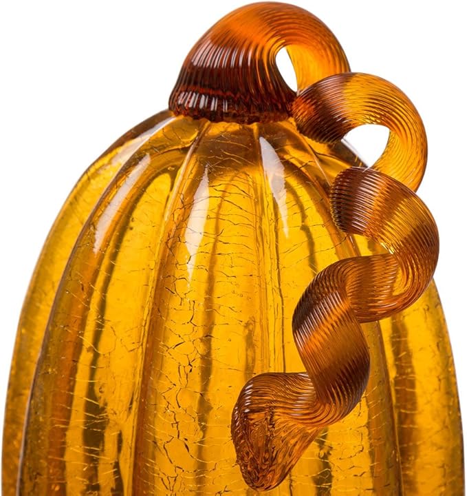 Glitzhome 9.06" Amber Hand Blown Crackle Glass Pumpkin for Fall Harvest Thanksgiving Halloween Decoration