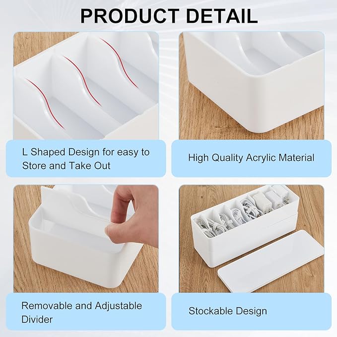 Tatuo 2 Pcs Cable Organizer Box with Wire Ties, Plastic Cord Storage Box with Lid, Electronics Organizer for Home Office Desk Organizers and Accessories (10.79'' X 3.78'' X 1.97'',White)