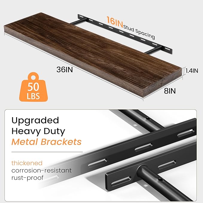 Fun Memories Solid Elm Wood Floating Shelves, 36 Inch Floating Shelves for Wall, Wall-Mounted Wooden Shelves with Invisible Heavy-Duty Brackets for Books, Bathroom, Kitchen, Walnut, 2 Pack