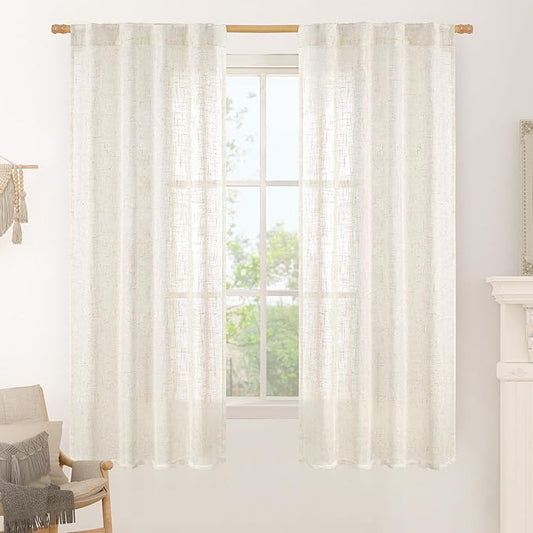 LAMIT 60 Inch Length Window Linen Curtains, Light Filtering Panels Back Tab and Rod Pocket Neutral Drapes for Bedroom/Living Room, Cream, 2 Panels, 34 x 60 Inch