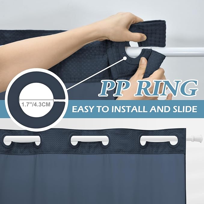 Navy Blue No Hook Shower Curtain with Snap in Liner,230GSM Waffle Weave Shower Curtains for Bathroom,71W x 74H