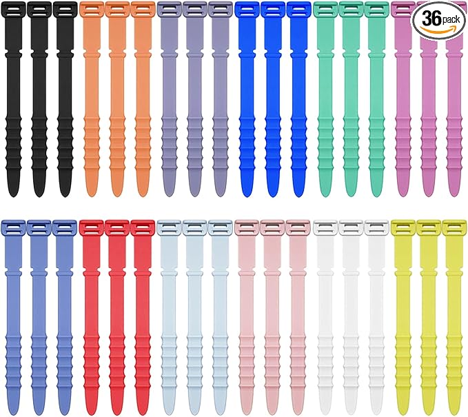 36Pcs Reusable Silicone Zip Ties, Rubber Cable Ties for Cable Management, 4.5 Inch Elastic Cable Organizer for Home Office Table Desk Organization, Bundling Cable Wires (12 Colors)