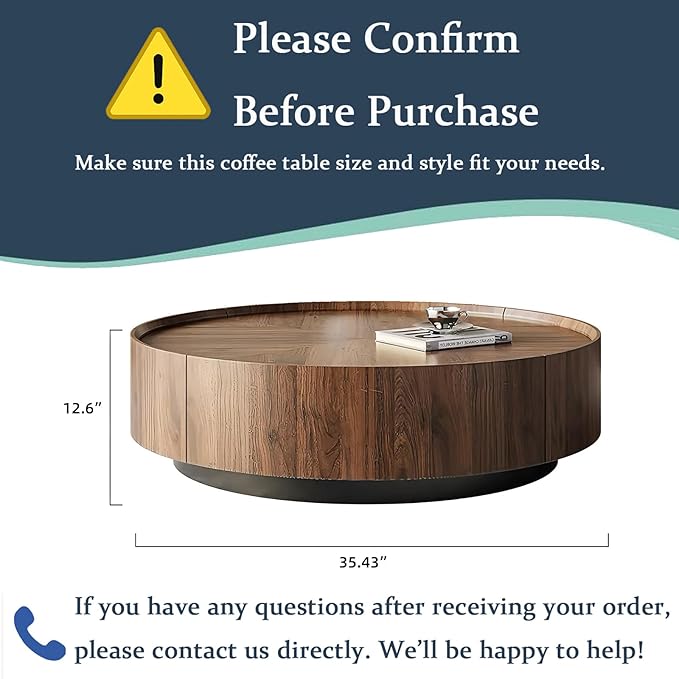 Luxury Solid Wood Coffee Table with Hidden Drawer, Fully Assembled Square Center Table for Living Room, Raised Edge Design, No Installation Needed, Premium Walnut Finish (35.43" Round Coffee Table)