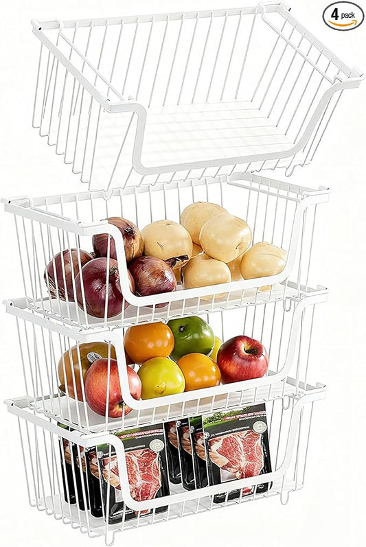 4 Pcs Stackable Wire Baskets for Pantry Organizers and Storage,Vegetable Fruit Basket for Countertop,Kitchen Storage Metal Baskets,Produce Potato Onion Storage Bin,White