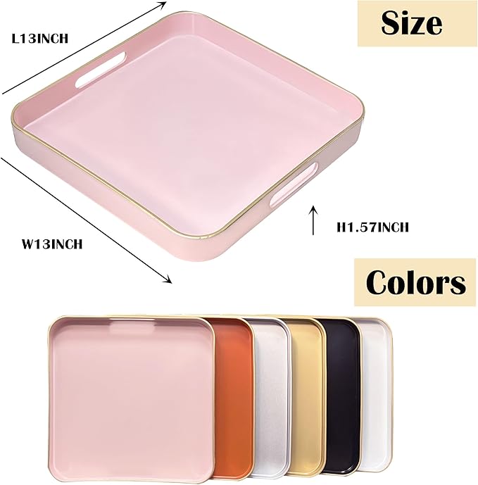 Serving Tray with Gold Trimming, Square Decorative Serving Trays with Handles, Coffee Table Tray Plastic Tray for Ottoman Living Room, Bathroom,Home Decor 13" L x 13" W x 1.57" H(Pink)