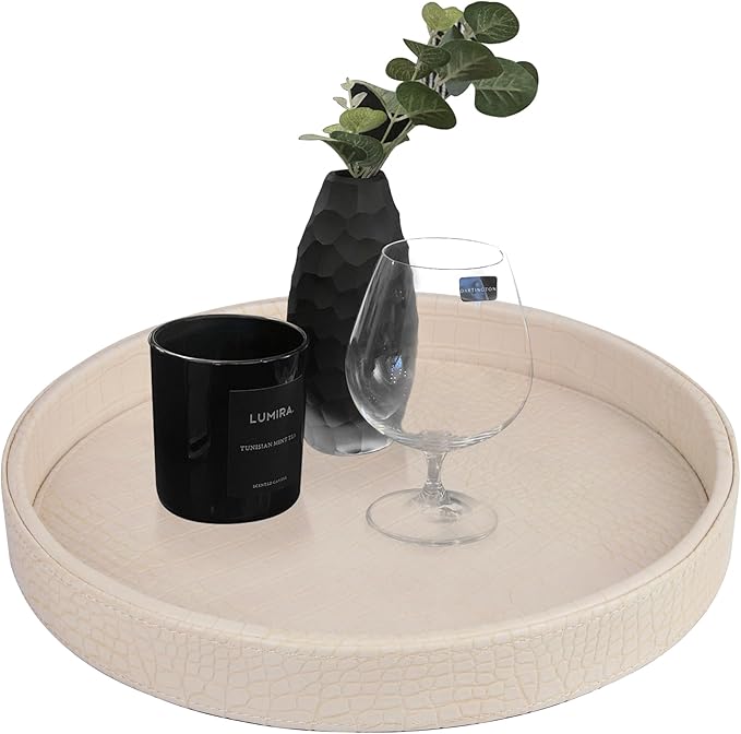 HofferRuffer Faux Leather Round Serving Tray, Vegan Croco Leather Decorative Tray, Food Tray for Storage Drinks, Snack & Cosmetics, Dia.12'' x 1.6'' (CreamWhite/Tiny Yellow)