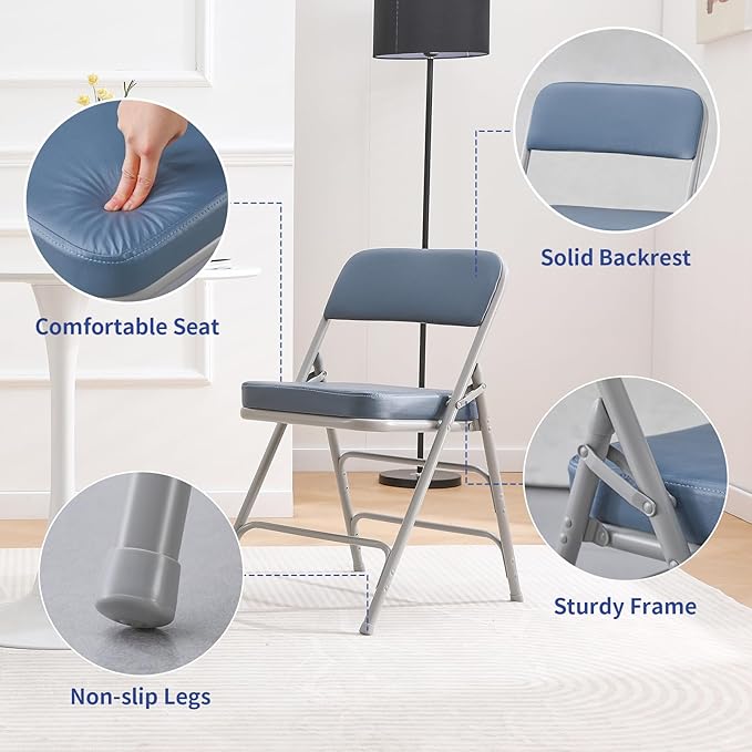 KAIHAOWIN Folding Chairs Ultra Thick Padded Foldable Chair Indoor Comfortable Metal Chairs with Super Soft Cushion-Blue