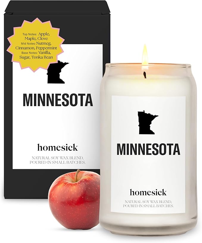 Homesick Scented Candles for Home (Minnesota) - 13.75 oz Long-Lasting Soy Wax Jar Candle for Women & Men for All Occasions, 60-80 Hours Burn Time - Notes of Apple, Maple & Clove