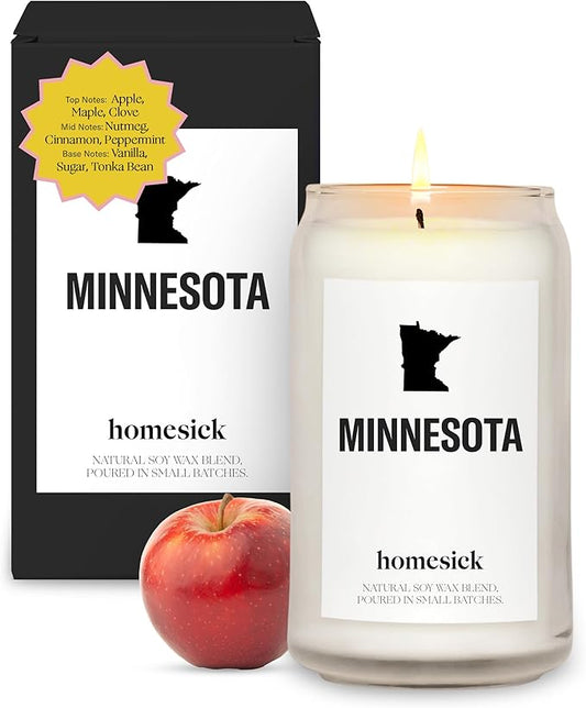 Homesick Scented Candles for Home (Minnesota) - 13.75 oz Long-Lasting Soy Wax Jar Candle for Women & Men for All Occasions, 60-80 Hours Burn Time - Notes of Apple, Maple & Clove