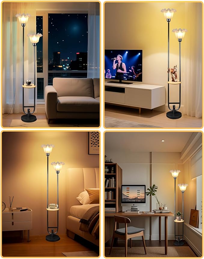 Lightdot Dimmable Flower Floor Lamp for Living Room, Modern Mid Century Floor Lamp with Table, Black Tall Standing Lamp for Bedroom & Home Decor